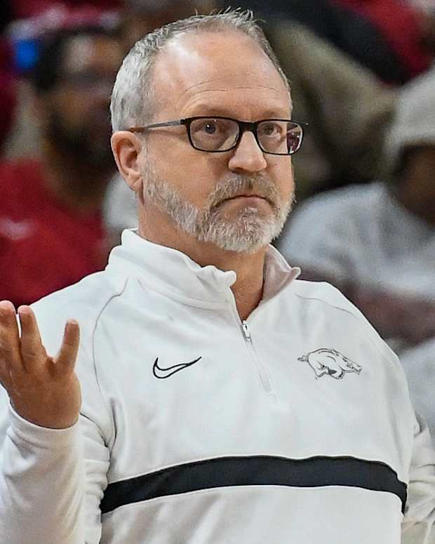 Razorbacks coach Mike Neighbors during game against Incarnate Word